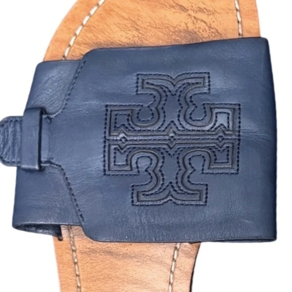 Tory Burch Melinda Slides Navy Blue Size 7.5 Flat Summer Leather Sandals